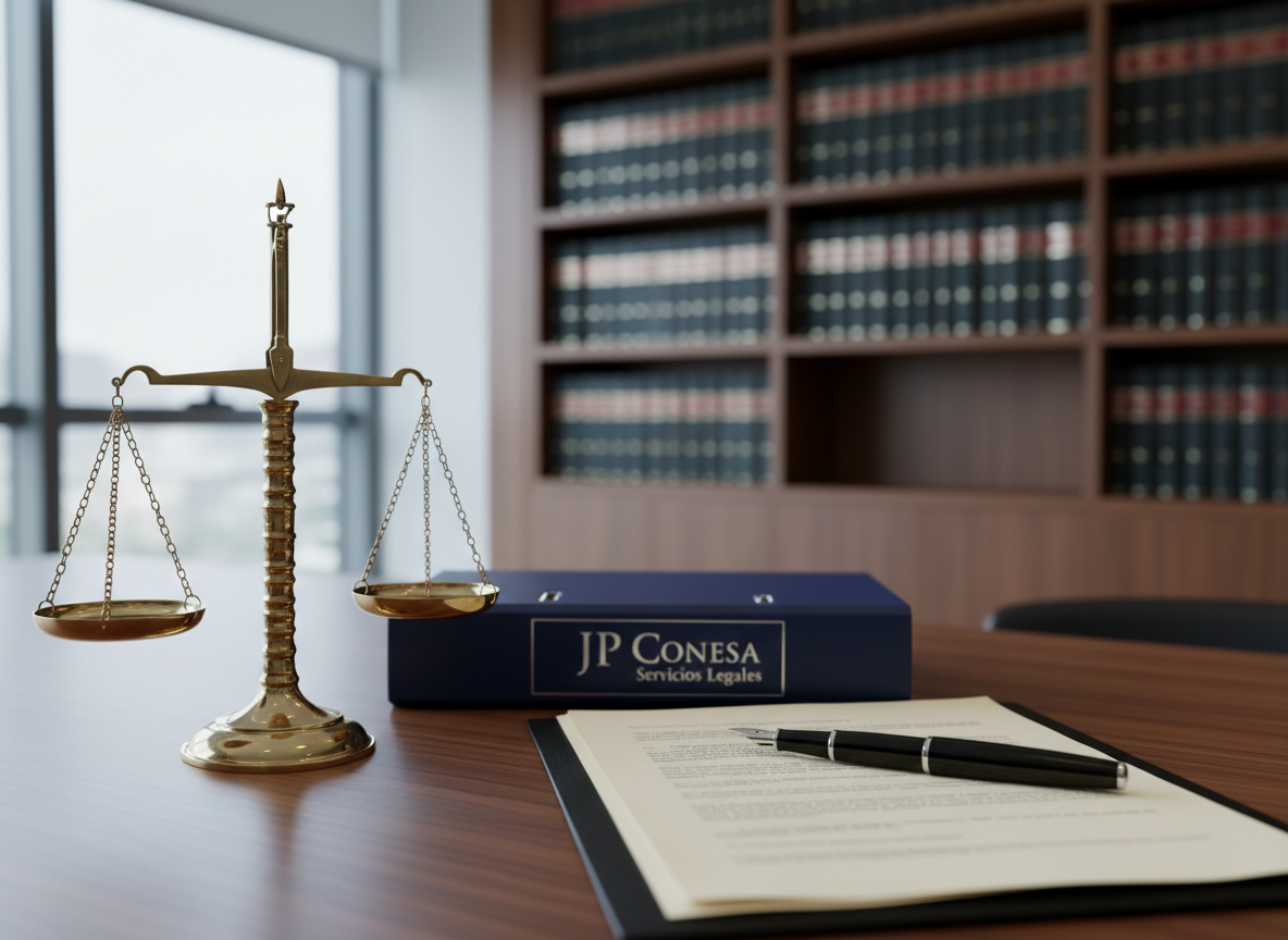 A neat arrangement of legal objects on a dark walnut desk in a modern law office, captured in photographic realism. A heavy brass scale of justice with finely engraved details stands beside a closed navy-blue legal binder embossed with “JP Conesa Servicios Legales” in subtle silver lettering. A polished fountain pen rests on a stack of crisp, cream-colored documents with visible but unreadable text blocks. Behind, floor-to-ceiling shelves of uniformly bound law books blur into soft focus. Cool daylight from a large window falls from the left, creating gentle reflections on the brass and pen, with calm, professional shadows. Shot at eye level with a shallow depth of field, the mood is authoritative, orderly, and trustworthy, ideal for a law firm homepage hero image.