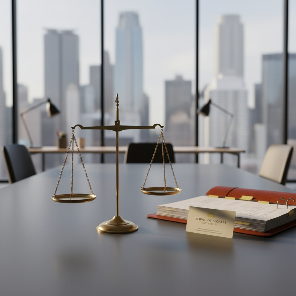 An elegant close-up of a balanced brass scale of justice centered on a smooth charcoal-gray conference table in a minimalist, glass-walled meeting room. Next to the scale lies an open leather-bound case file with tabbed sections and a discrete business card labeled “Servicios Legales Integrales.” In the blurred background, a city skyline and muted office furniture suggest a contemporary corporate environment. Soft afternoon natural light streams through tall windows, casting elongated, gentle shadows and creating a subtle rim light along the scale’s edges. The composition follows the rule of thirds, with sharp focus on the scale and gradual bokeh toward the background. The mood is calm, precise, and professional, reflecting comprehensive legal services for individuals and businesses.