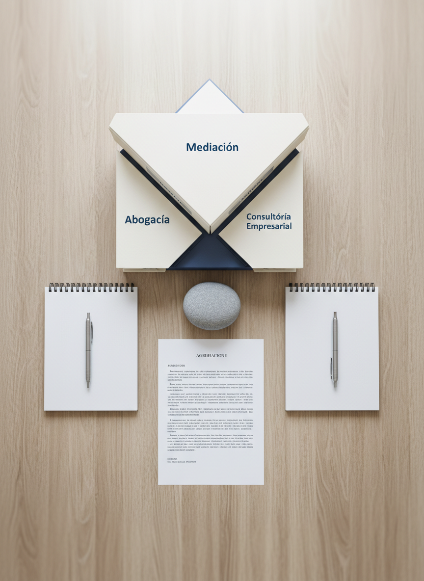 A photographic, top-down view of a well-organized legal workspace dedicated to mediation and conflict resolution. On a light oak table, three neatly stacked folders labeled “Mediación,” “Abogacía,” and “Consultoría Empresarial” form a subtle triangle. Between them, a small, polished stone centerpiece and two identical notepads with aligned pens emphasize balance and neutrality. A printed mediation agreement lies partially visible, with structured paragraphs but no legible names. Diffused overhead lighting creates soft, even illumination with almost no harsh shadows, highlighting the clarity and order of the scene. The mood is neutral, balanced, and solution-focused, suggesting a safe, structured environment for resolving disputes. Clean, modern photographic realism with muted, professional colors dominates the composition.