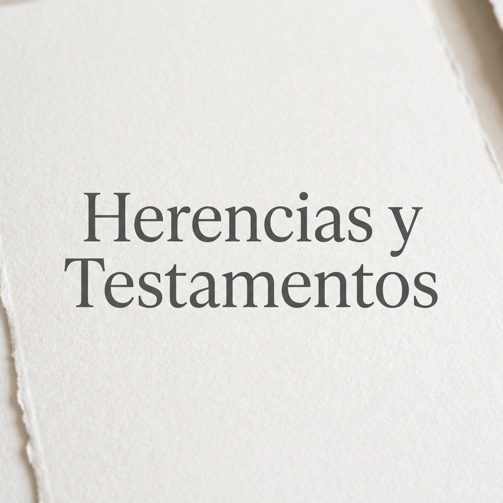 The words 'Herencias y Testamentos' displayed on textured white paper.